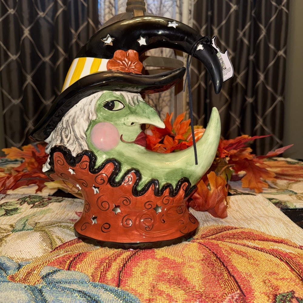 Blue Sky Halloween Crescent Moon Witch Ceramic Tea Light Holder New